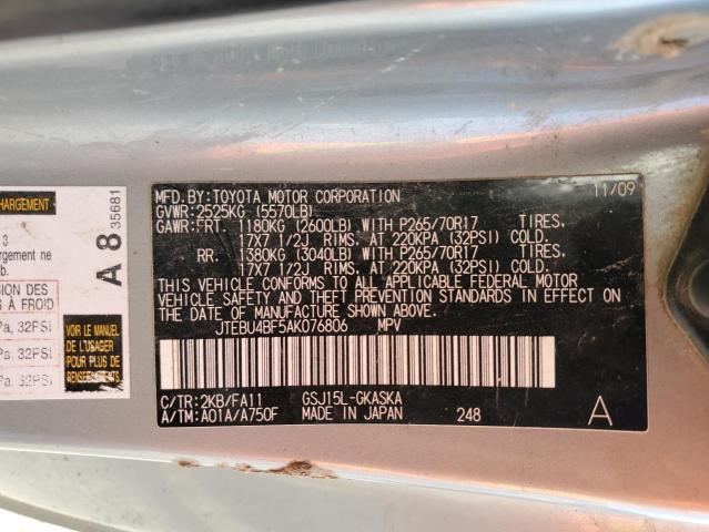 2010 Toyota Fj Cruiser VIN: JTEBU4BF5AK076806 Lot: 54965834