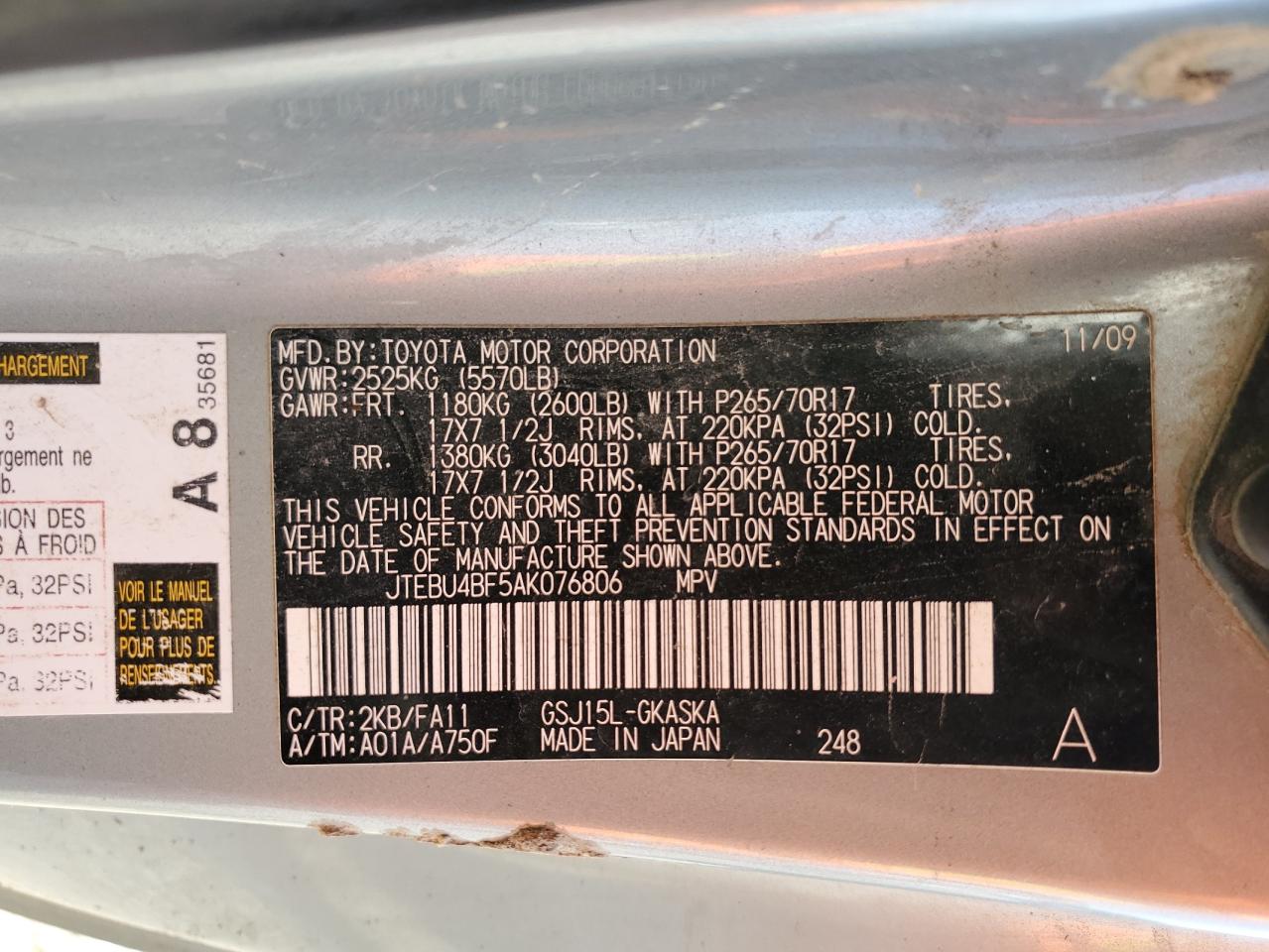 JTEBU4BF5AK076806 2010 Toyota Fj Cruiser