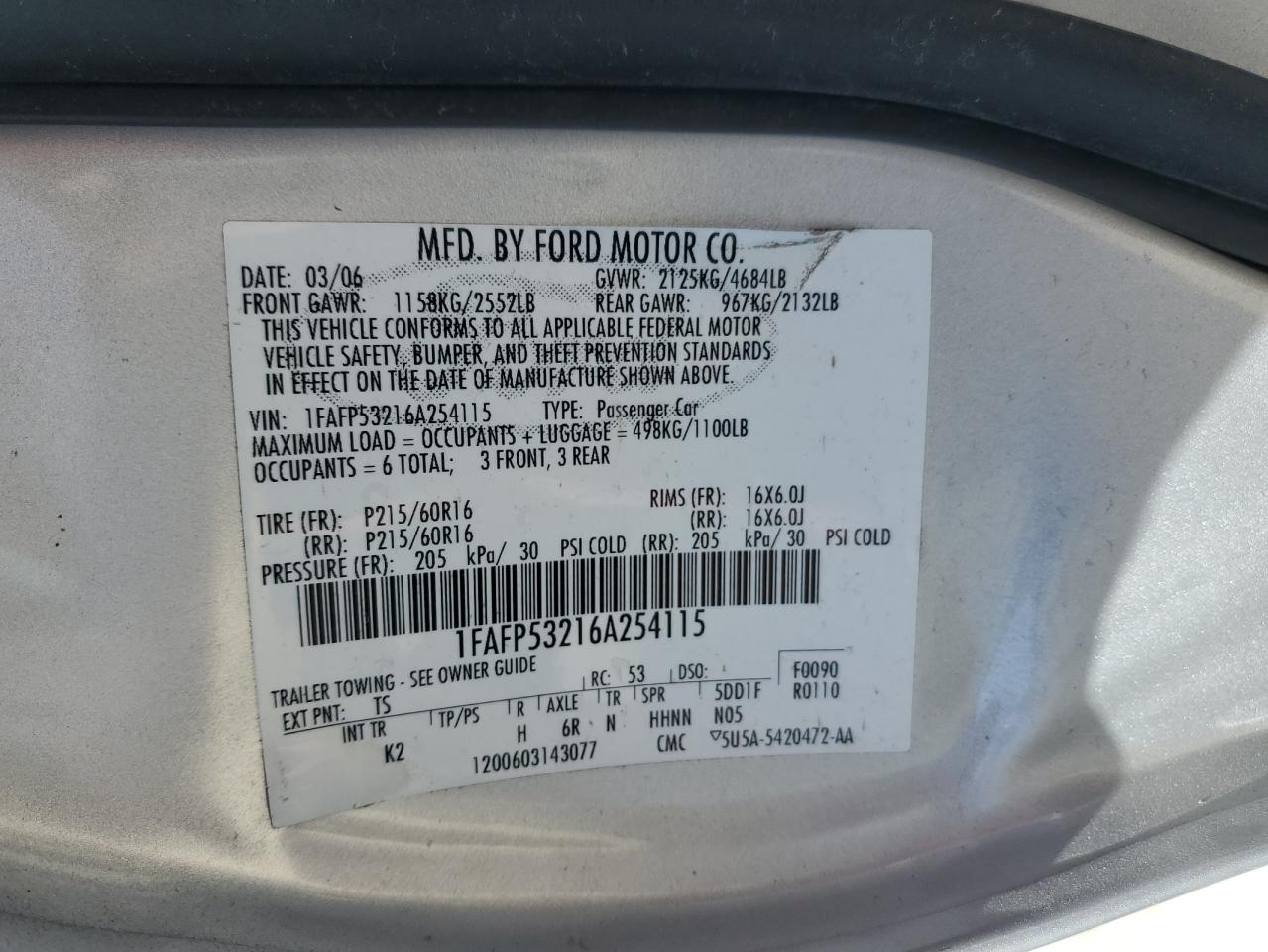 1FAFP53216A254115 2006 Ford Taurus Se