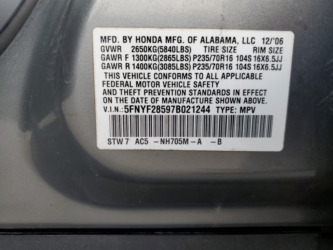 5FNYF28597B021244 2007 Honda Pilot Exl