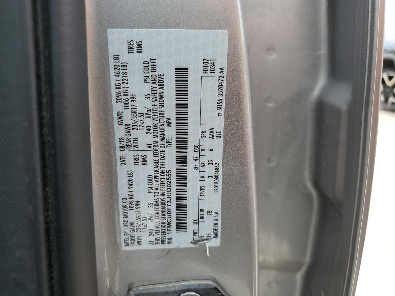 1FMCU0F73JUD02555 2018 Ford Escape S