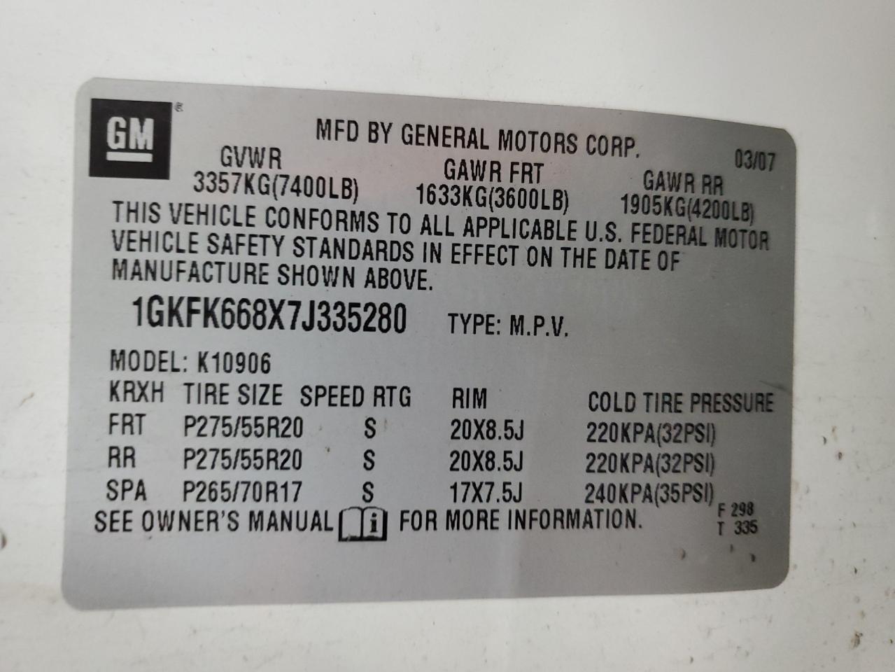 1GKFK668X7J335280 2007 GMC Yukon Xl Denali