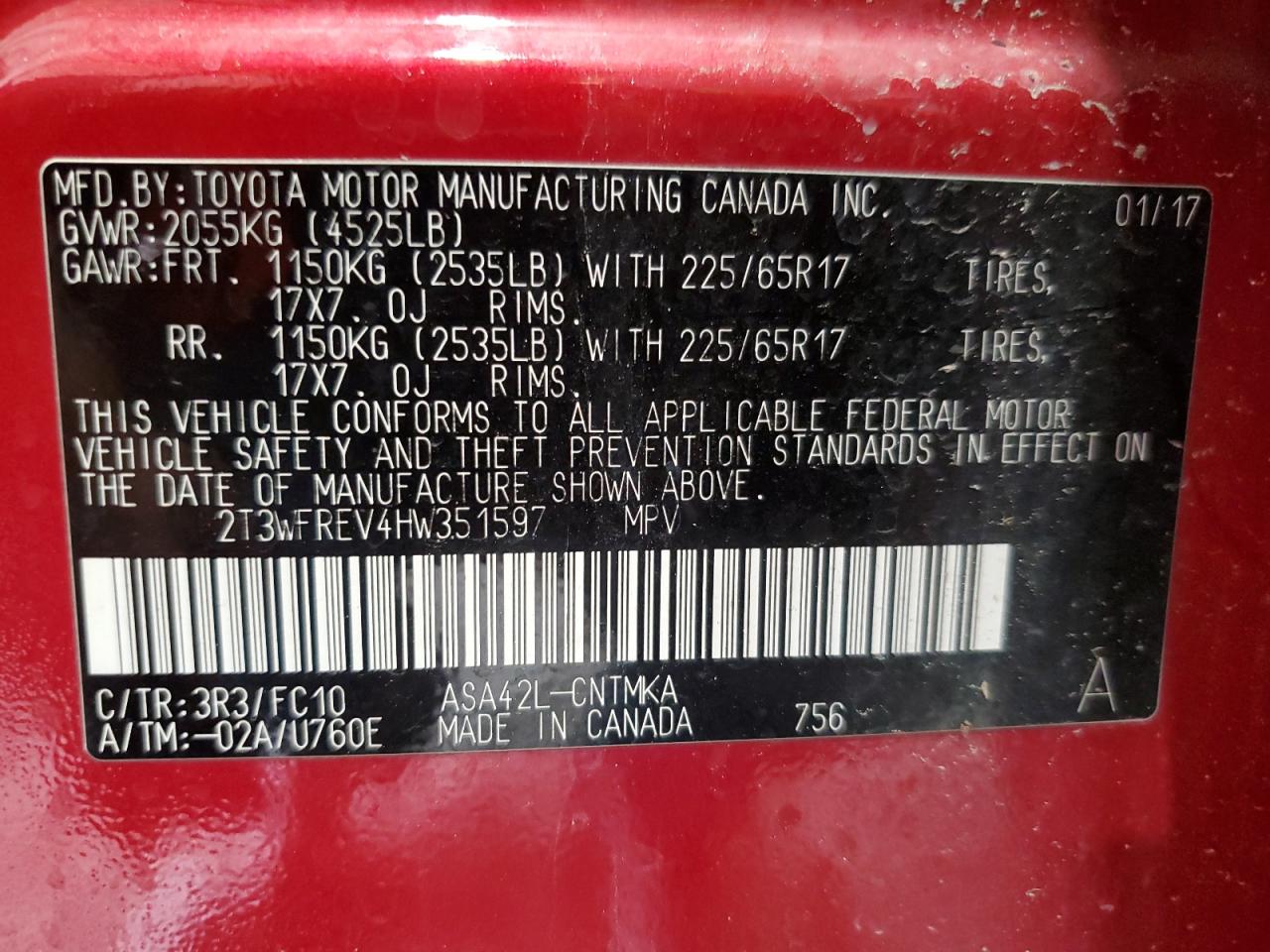 2T3WFREV4HW351597 2017 Toyota Rav4 Xle