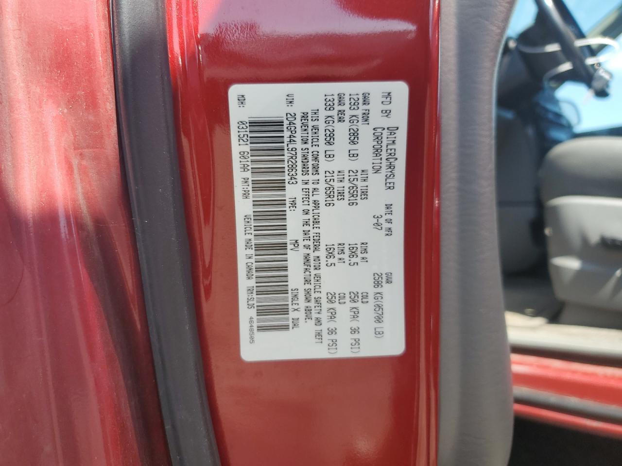 2D4GP44L97R286343 2007 Dodge Grand Caravan Sxt