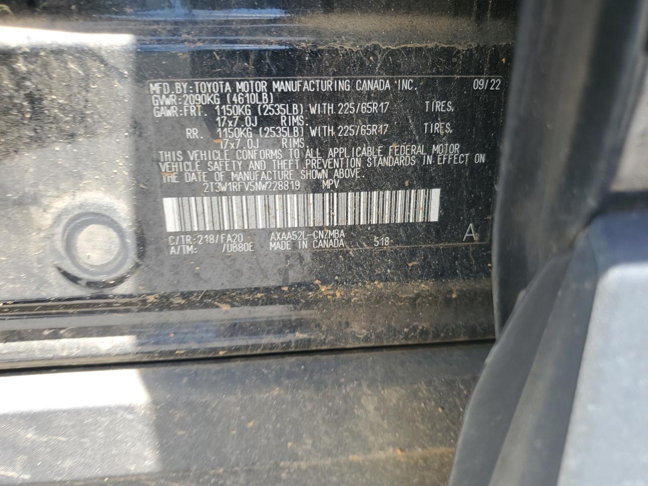 2T3W1RFV5NW228819 2022 Toyota Rav4 Xle