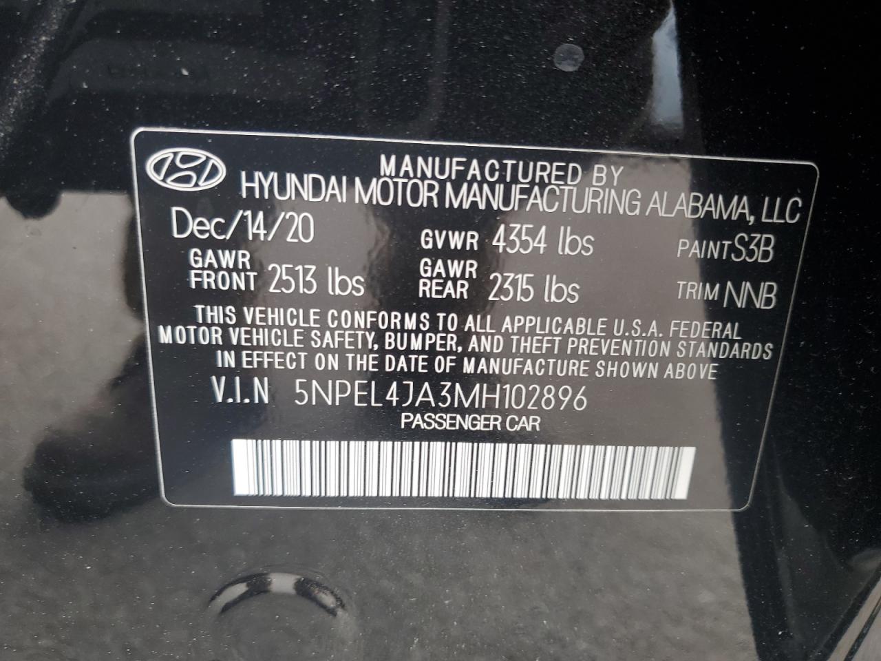 5NPEL4JA3MH102896 2021 Hyundai Sonata Sel