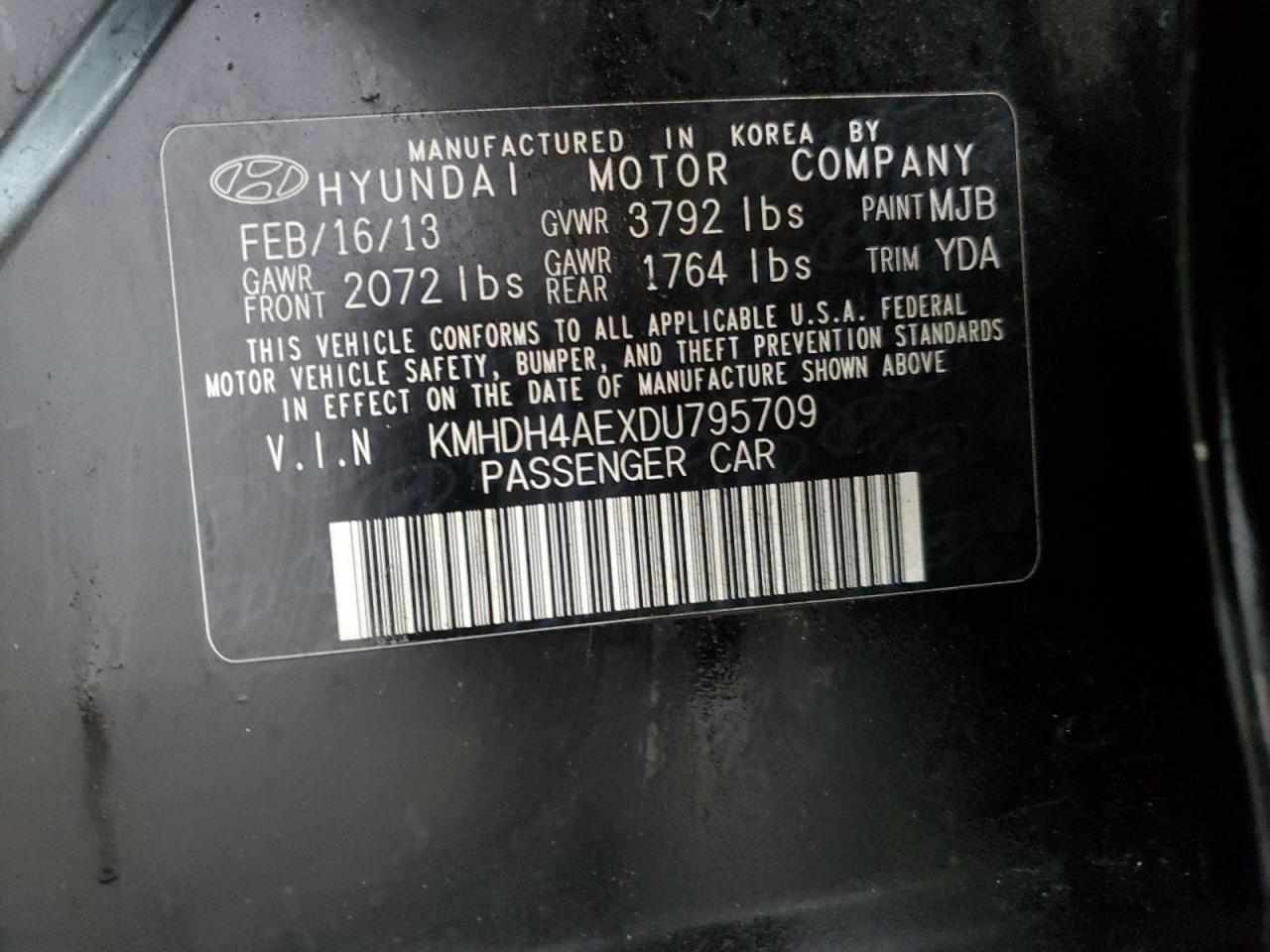 KMHDH4AEXDU795709 2013 Hyundai Elantra Gls