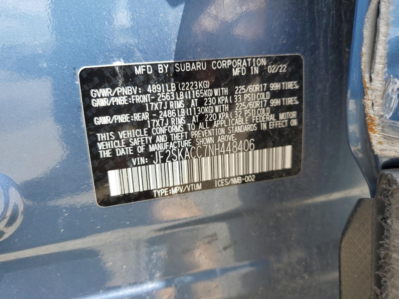 JF2SKACC7NH448406 2022 Subaru Forester