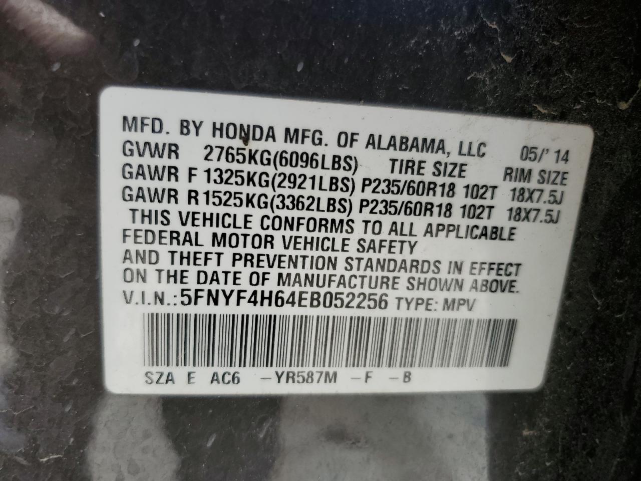 5FNYF4H64EB052256 2014 Honda Pilot Exl