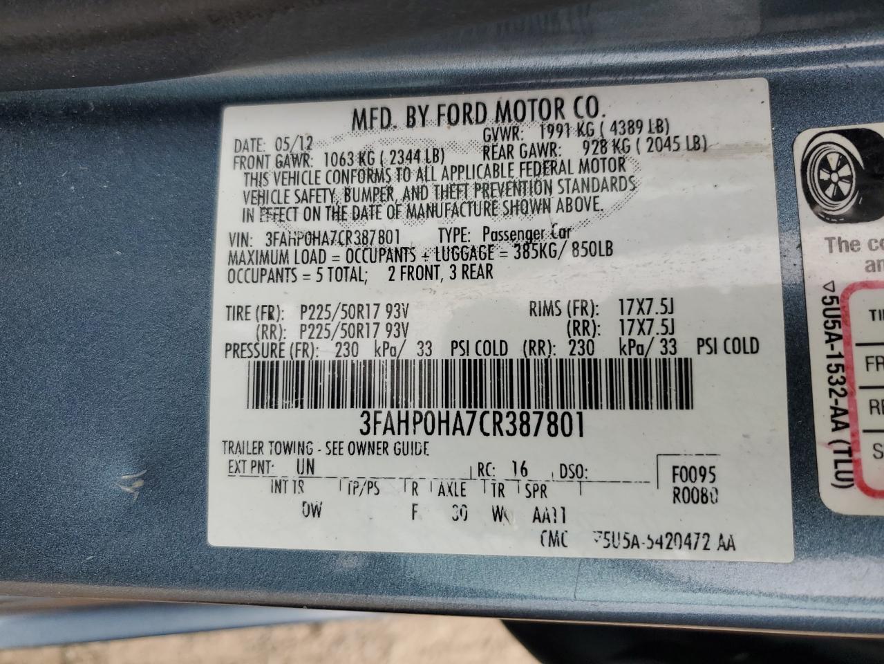 3FAHP0HA7CR387801 2012 Ford Fusion Se