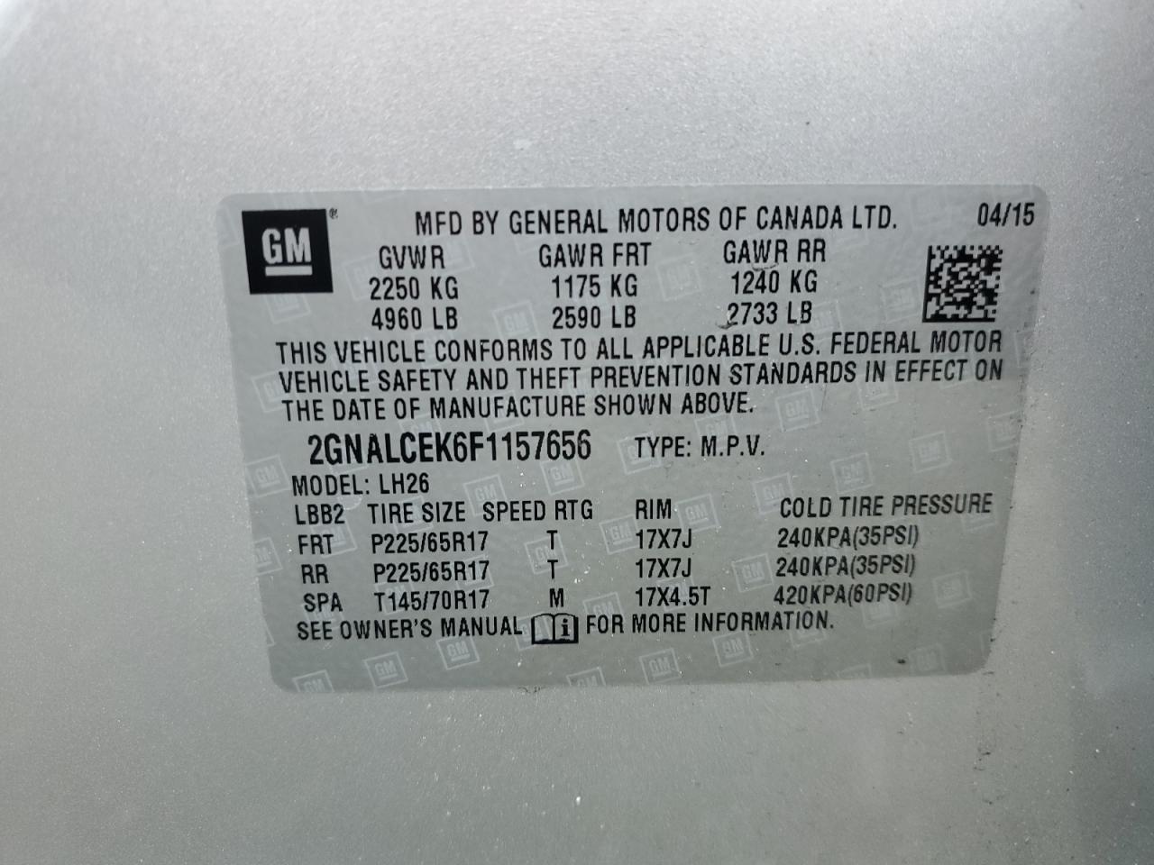 2GNALCEK6F1157656 2015 Chevrolet Equinox Lt