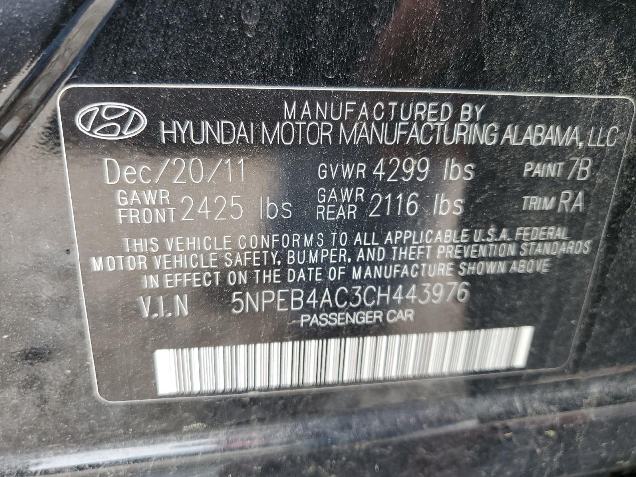 5NPEB4AC3CH443976 2012 Hyundai Sonata Gls