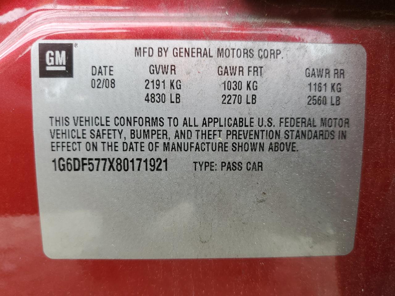 1G6DF577X80171921 2008 Cadillac Cts