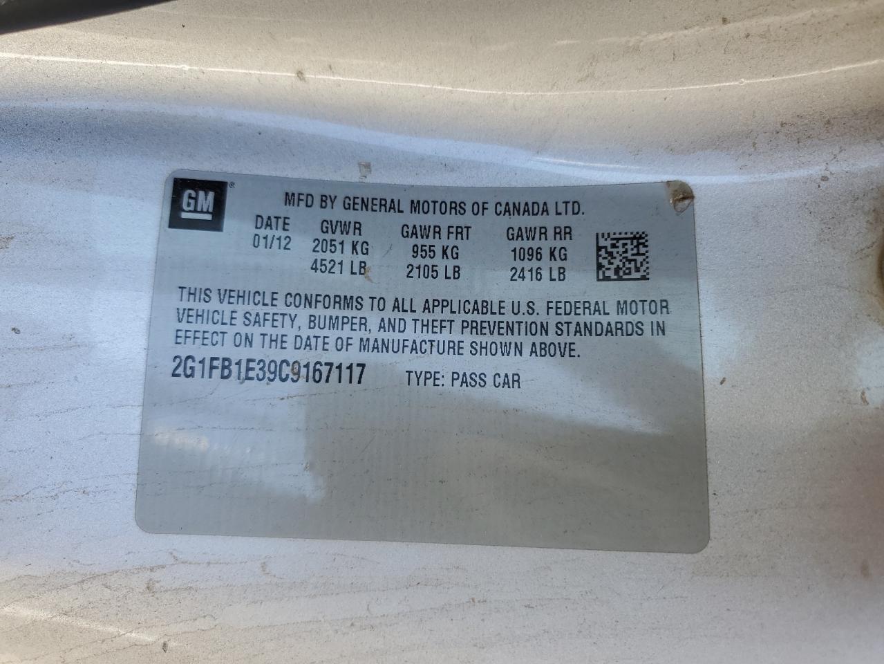 2G1FB1E39C9167117 2012 Chevrolet Camaro Lt