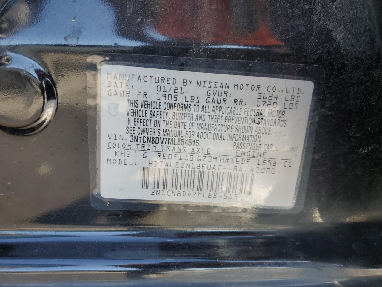 3N1CN8DV7ML854515 2021 Nissan Versa S