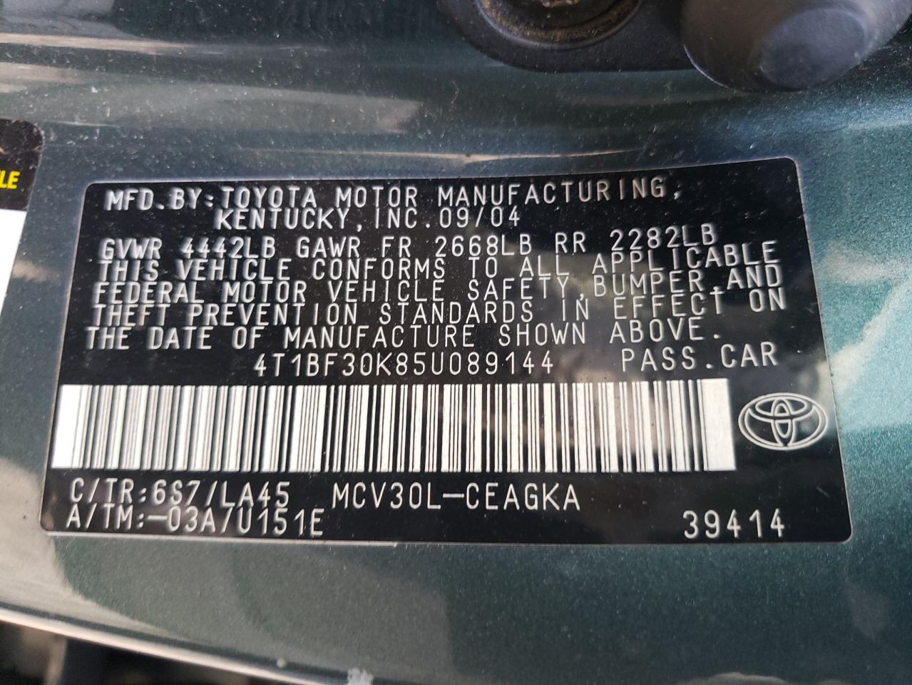 4T1BF30K85U089144 2005 Toyota Camry Le