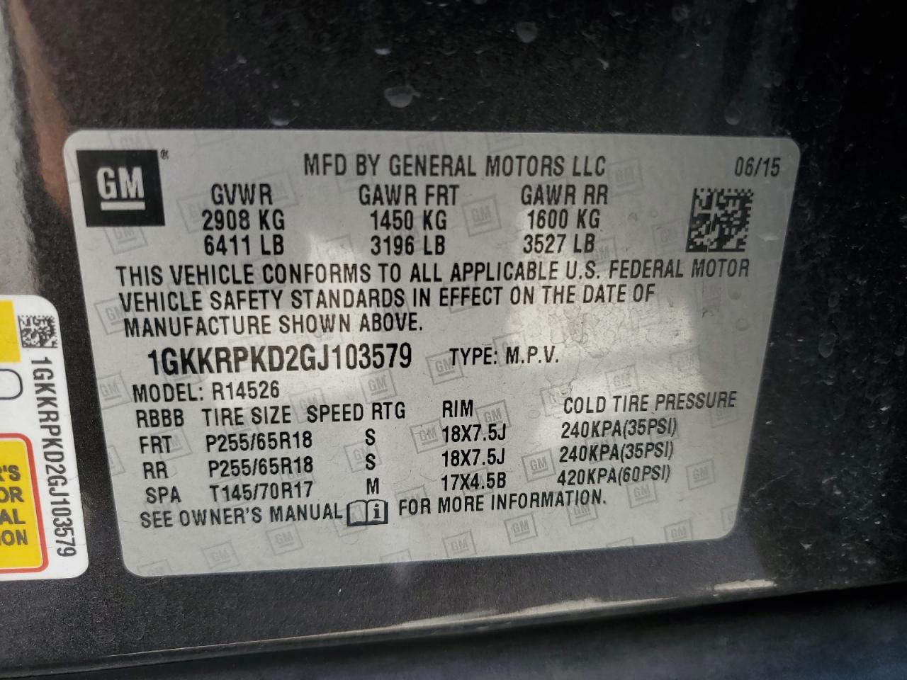 1GKKRPKD2GJ103579 2016 GMC Acadia Sle