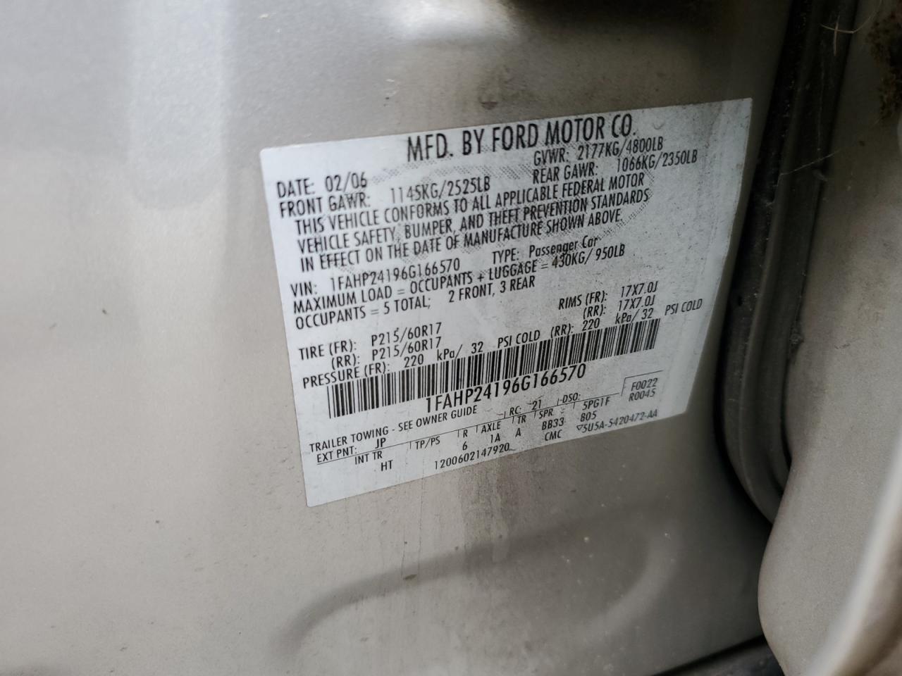 1FAHP24196G166570 2006 Ford Five Hundred Sel