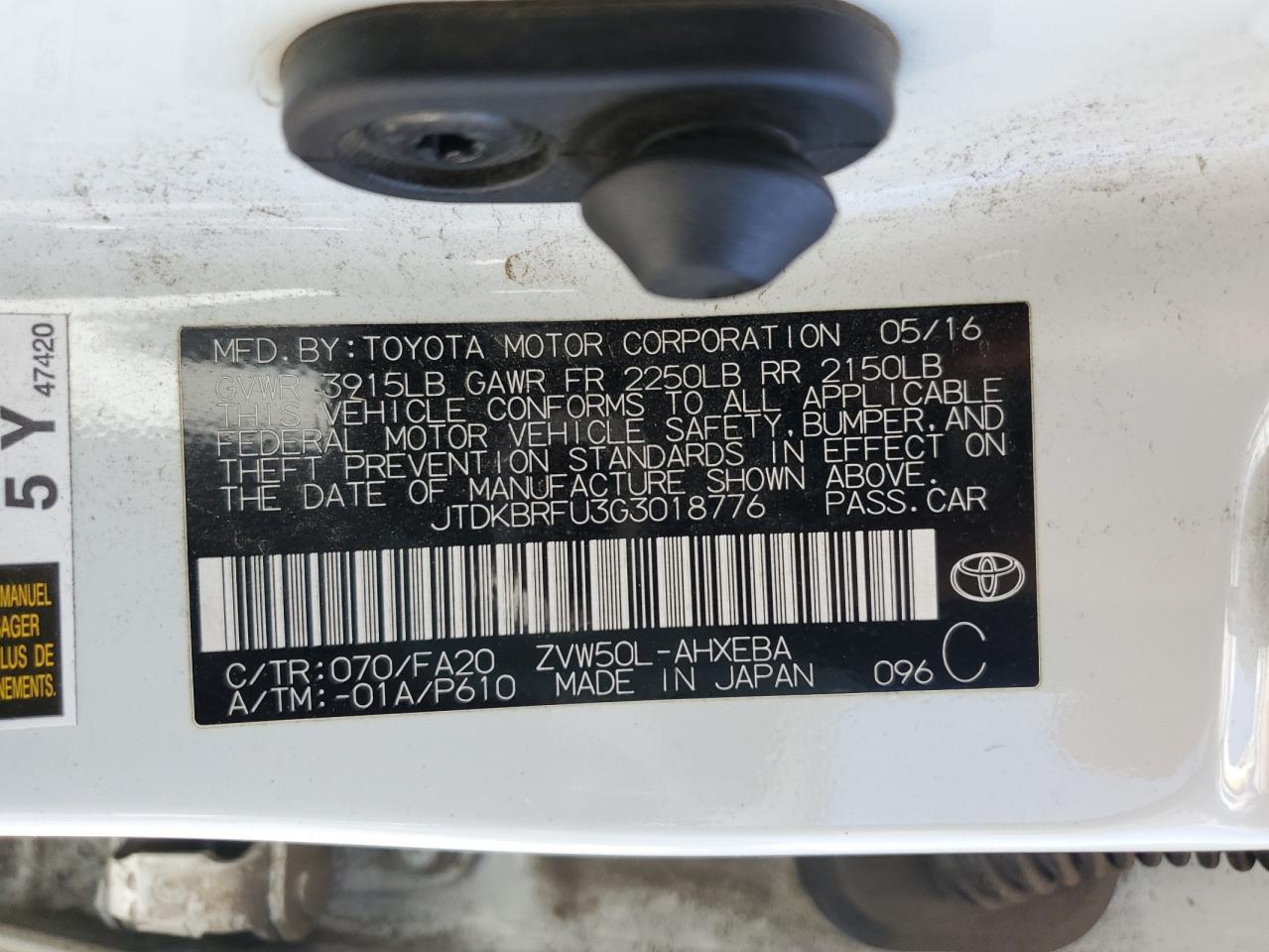 JTDKBRFU3G3018776 2016 Toyota Prius