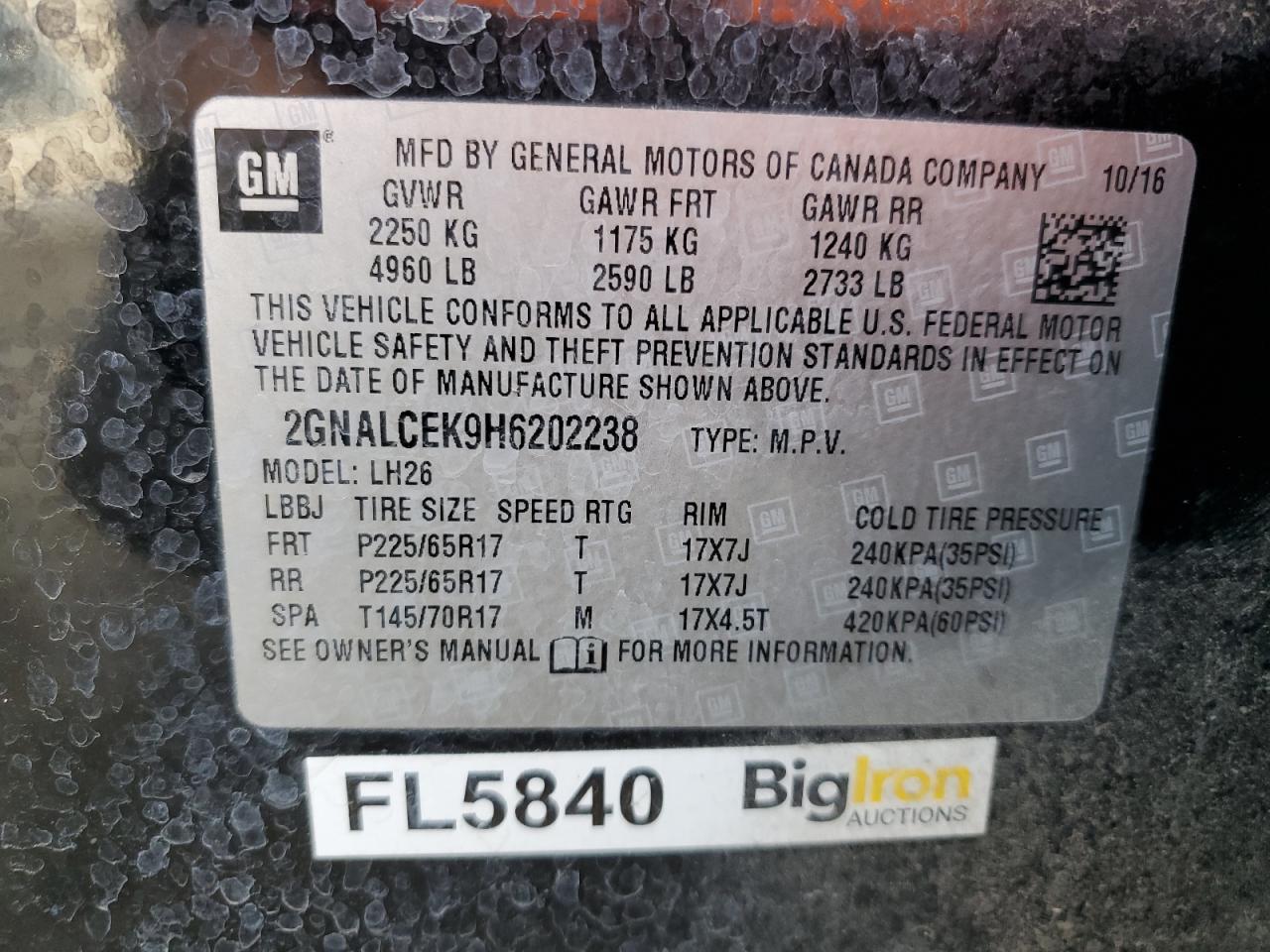 2GNALCEK9H6202238 2017 Chevrolet Equinox Lt