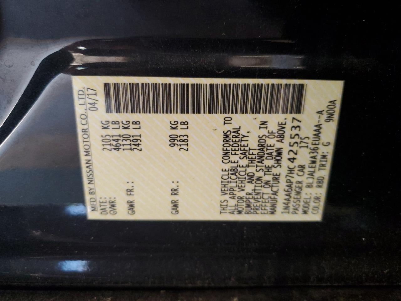 1N4AA6AP7HC425537 2017 Nissan Maxima 3.5S