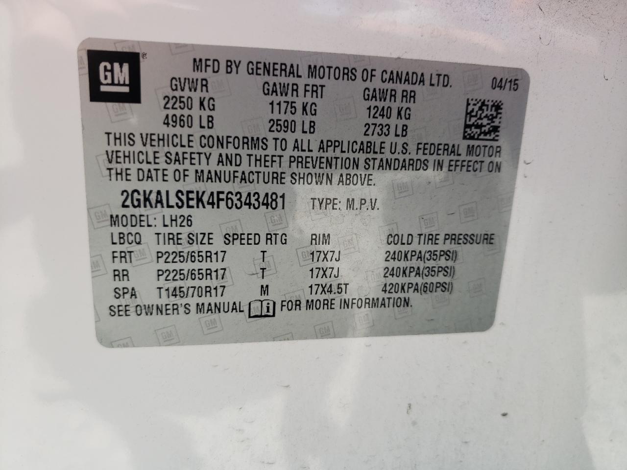 2GKALSEK4F6343481 2015 GMC Terrain Slt