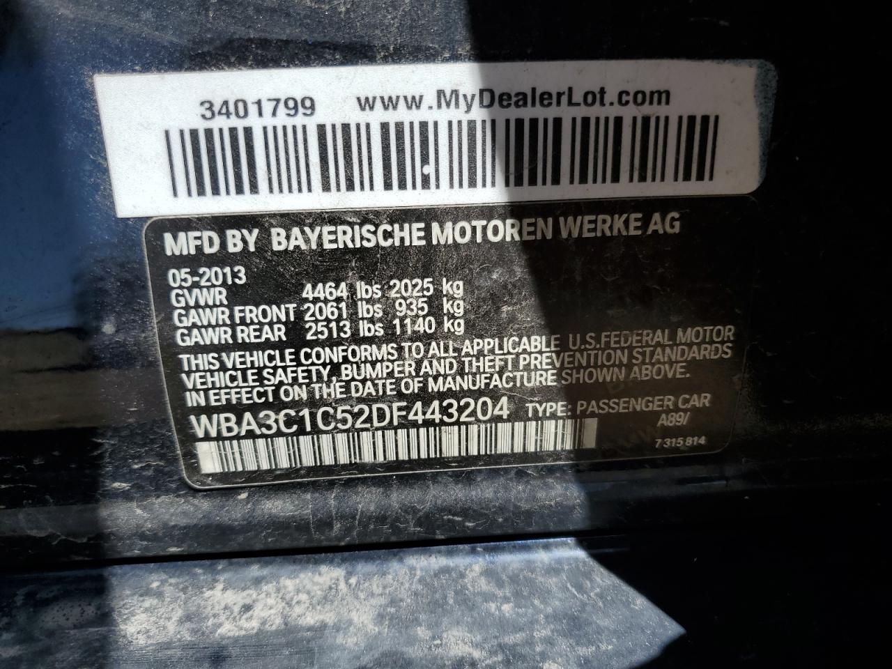 WBA3C1C52DF443204 2013 BMW 328 I Sulev
