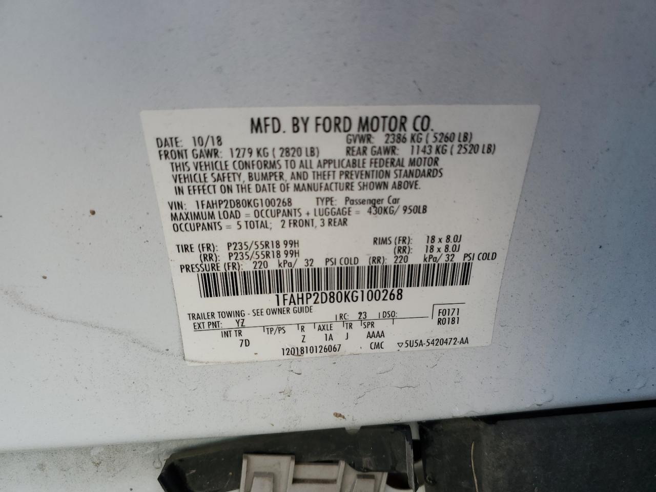 1FAHP2D80KG100268 2019 Ford Taurus Se