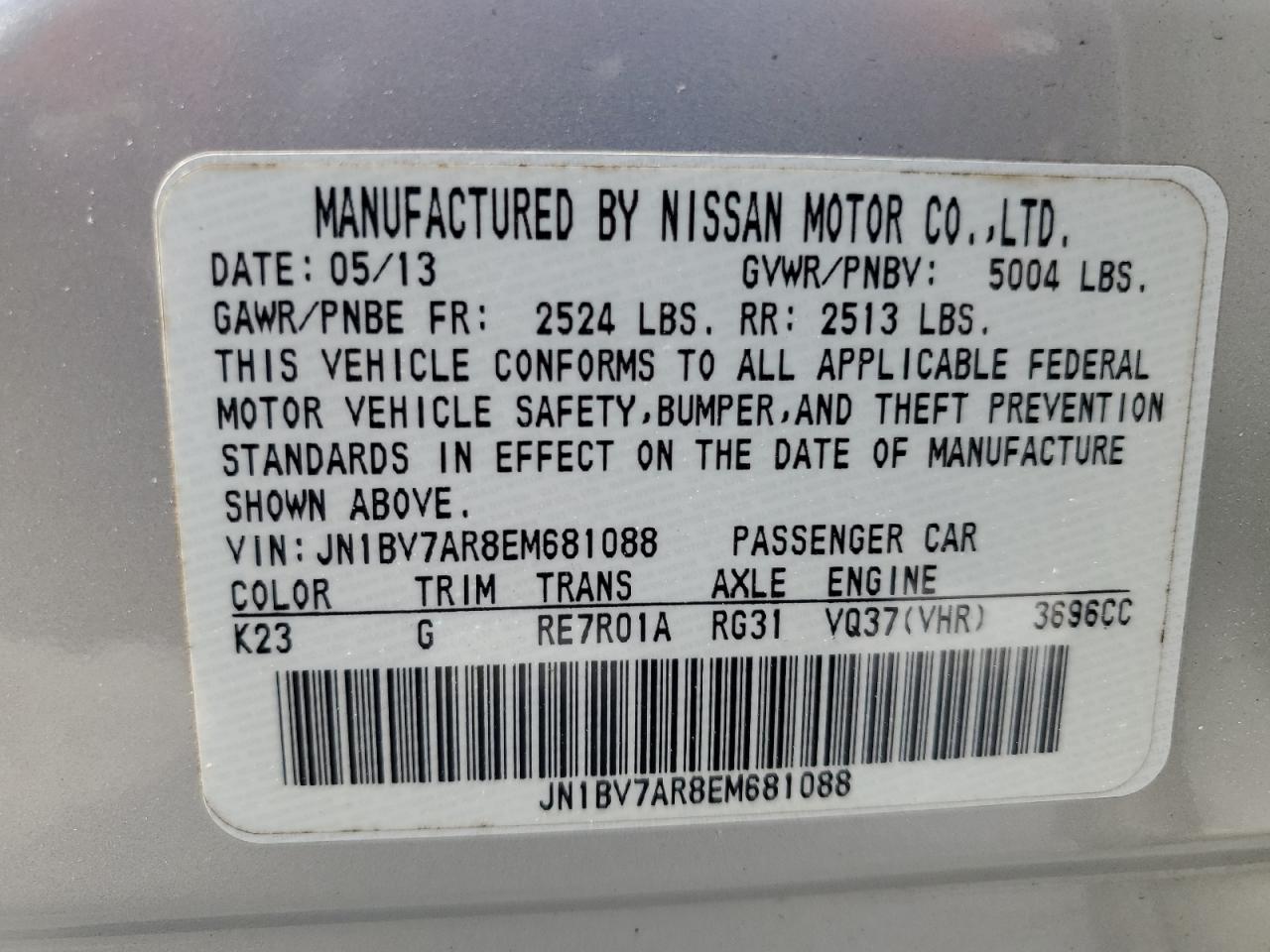 JN1BV7AR8EM681088 2014 Infiniti Q50 Base