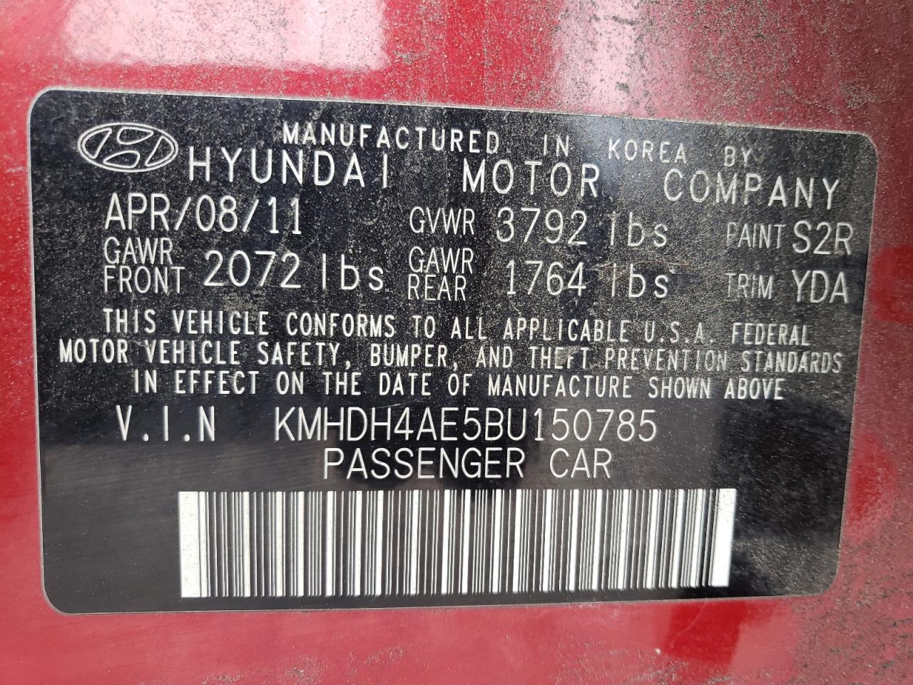 KMHDH4AE5BU150785 2011 Hyundai Elantra Gls