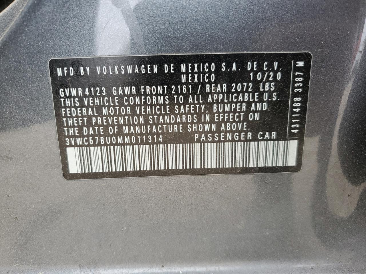 3VWC57BU0MM011314 2021 Volkswagen Jetta S