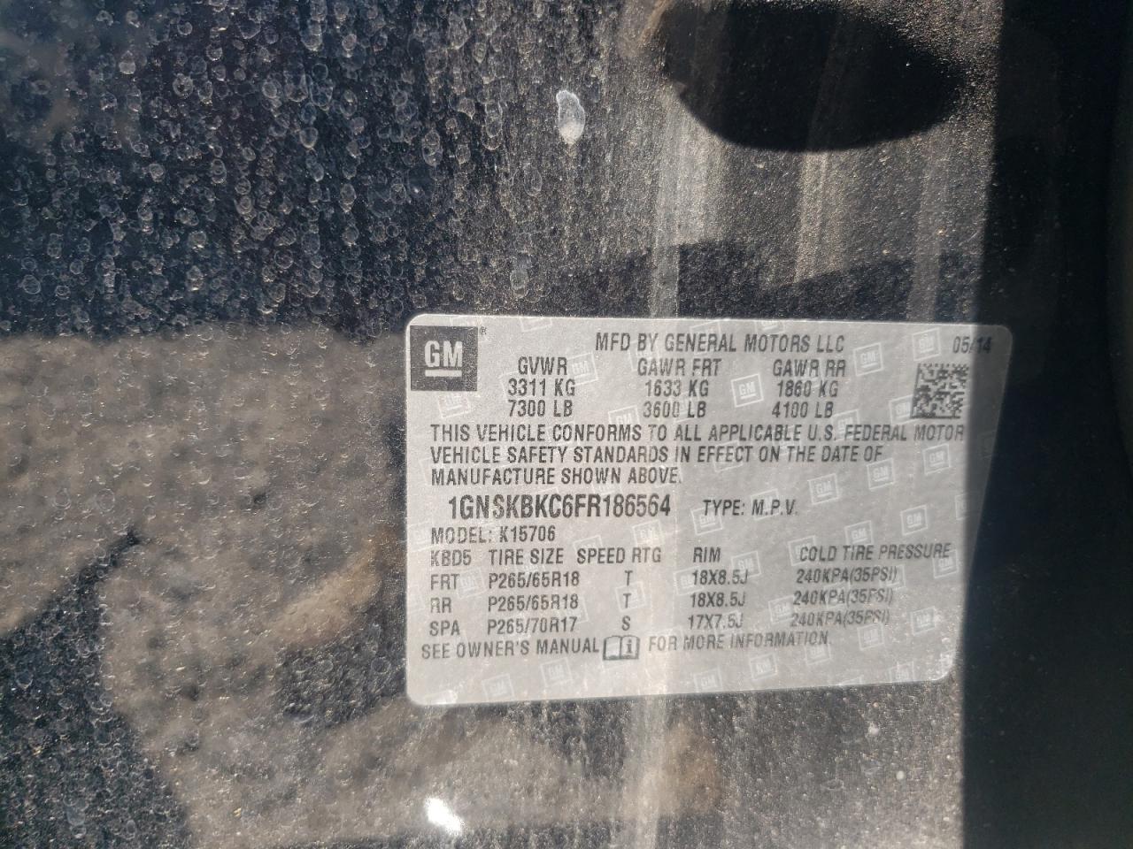 1GNSKBKC6FR186564 2015 Chevrolet Tahoe K1500 Lt
