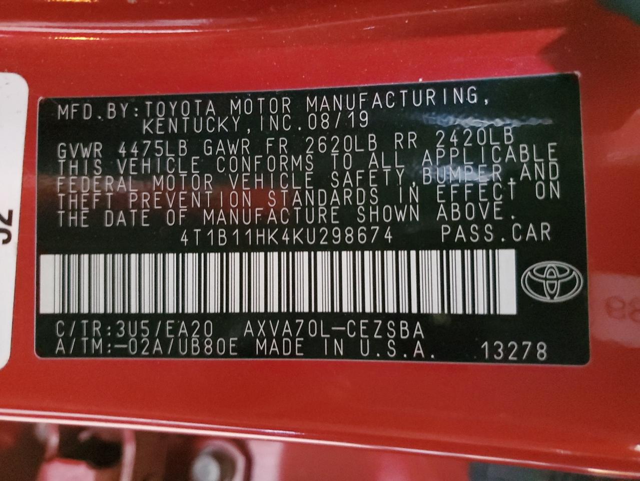 4T1B11HK4KU298674 2019 Toyota Camry L