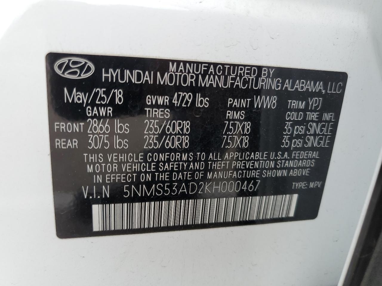 5NMS53AD2KH000467 2019 Hyundai Santa Fe Limited