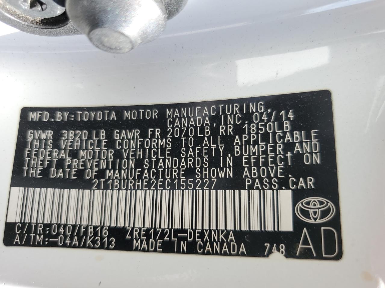 2T1BURHE2EC155227 2014 Toyota Corolla L