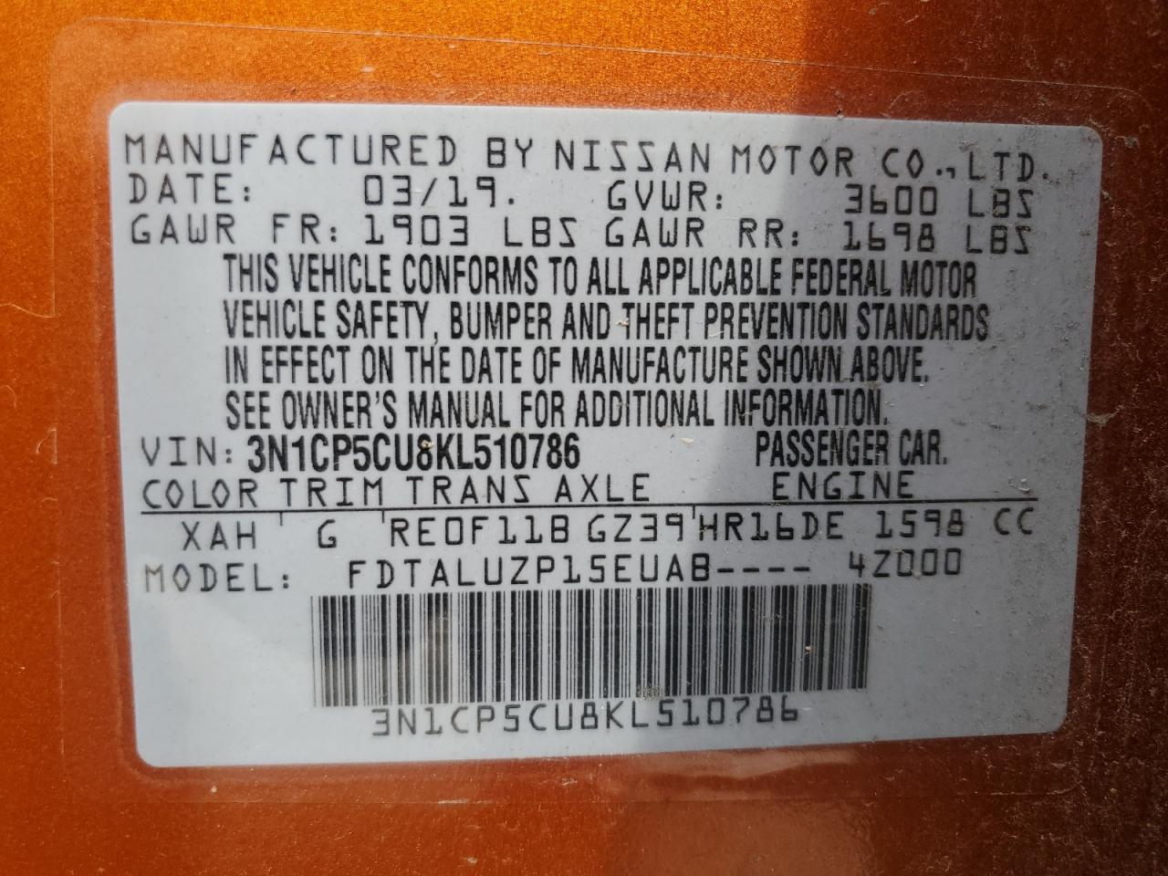 3N1CP5CU8KL510786 2019 Nissan Kicks S