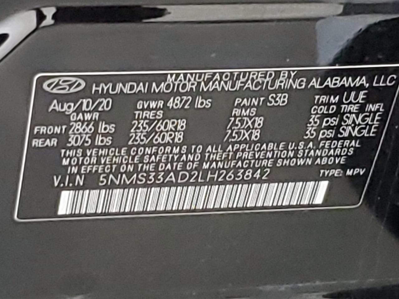 5NMS33AD2LH263842 2020 Hyundai Santa Fe Sel