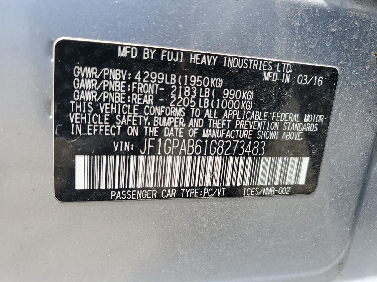 JF1GPAB61G8273483 2016 Subaru Impreza Premium