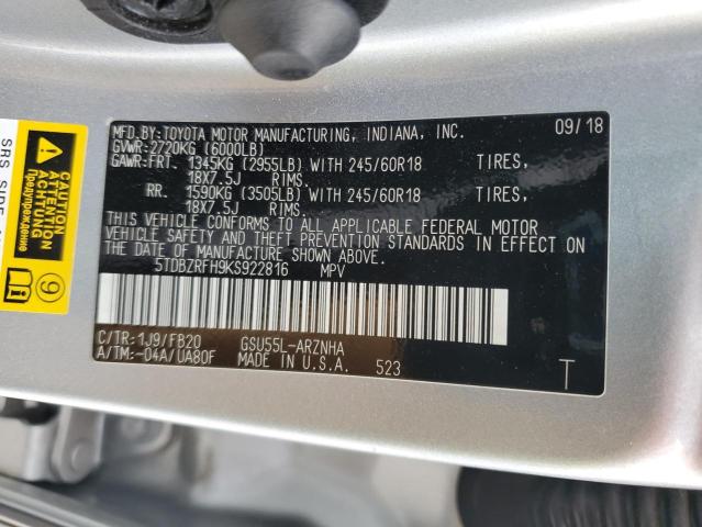 2019 Toyota Highlander Le VIN: 5TDBZRFH9KS922816 Lot: 56295684