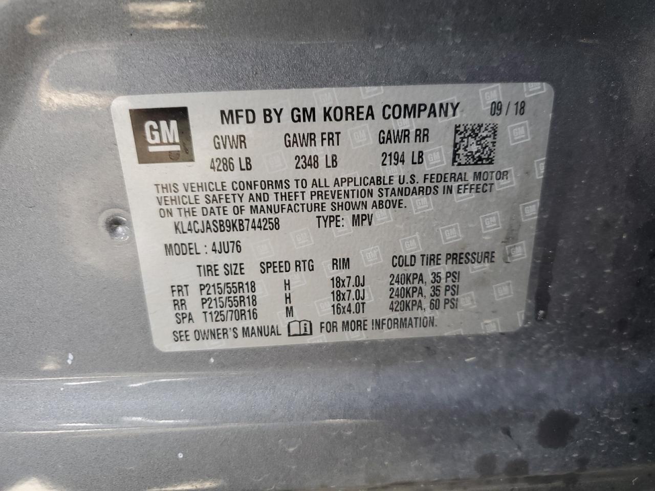 KL4CJASB9KB744258 2019 Buick Encore Preferred