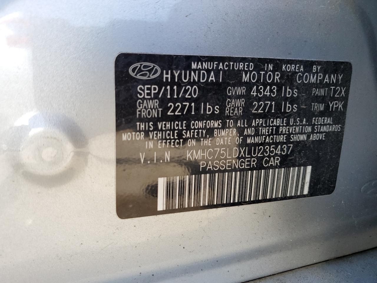 KMHC75LDXLU235437 2020 Hyundai Ioniq Sel