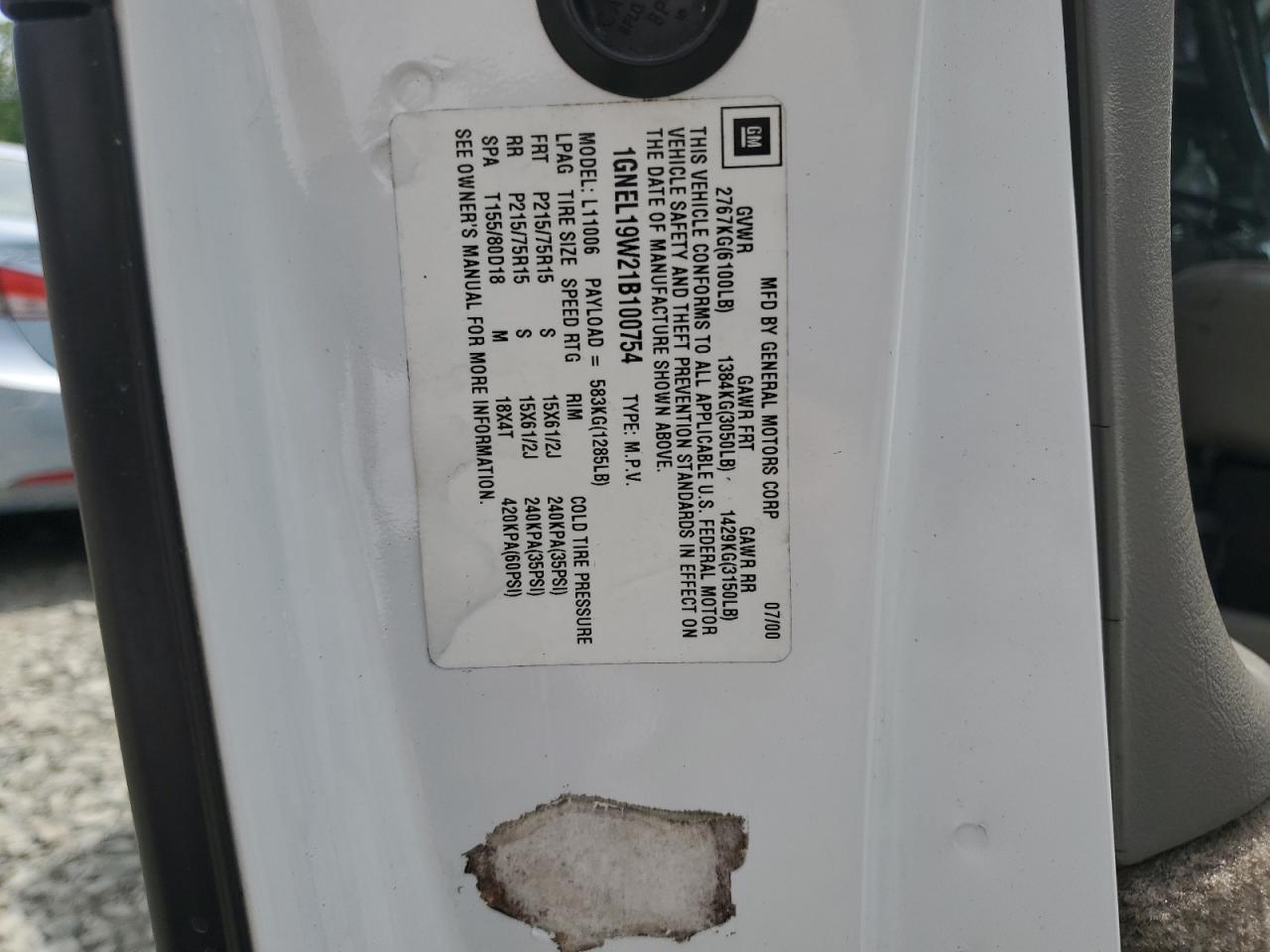 1GNEL19W21B100754 2001 Chevrolet Astro