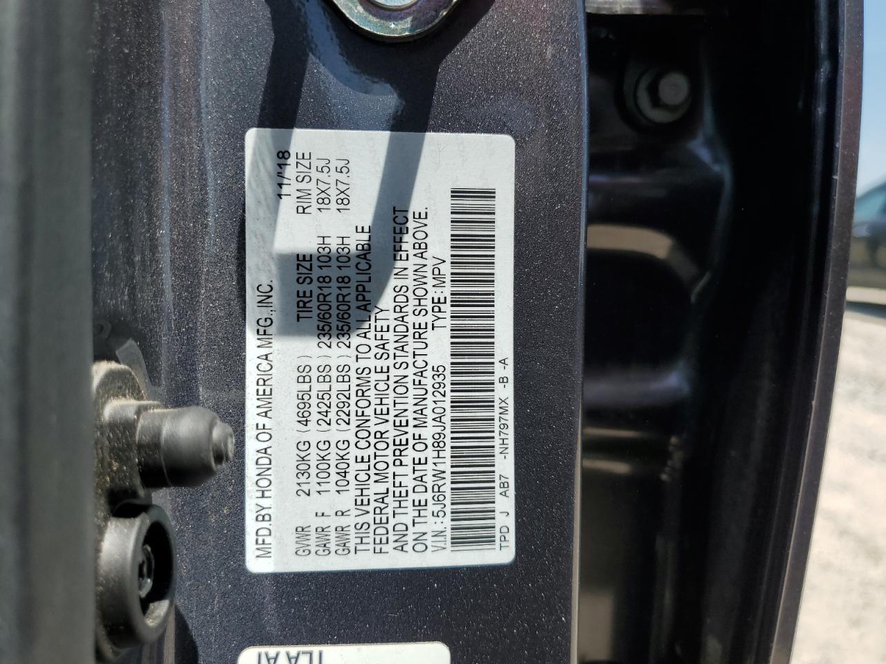 5J6RW1H89JA012935 2018 Honda Cr-V Exl