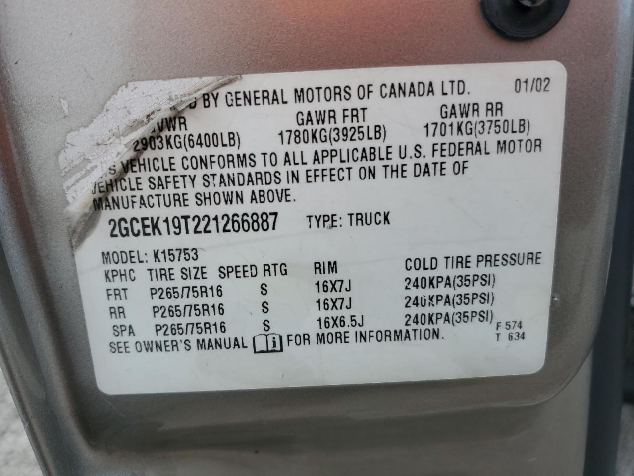 2GCEK19T221266887 2002 Chevrolet Silverado K1500