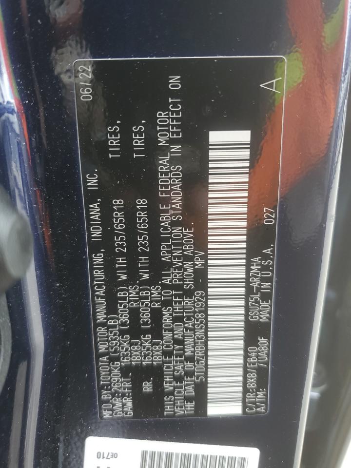 5TDGZRBH3NS581929 2022 Toyota Highlander Xle