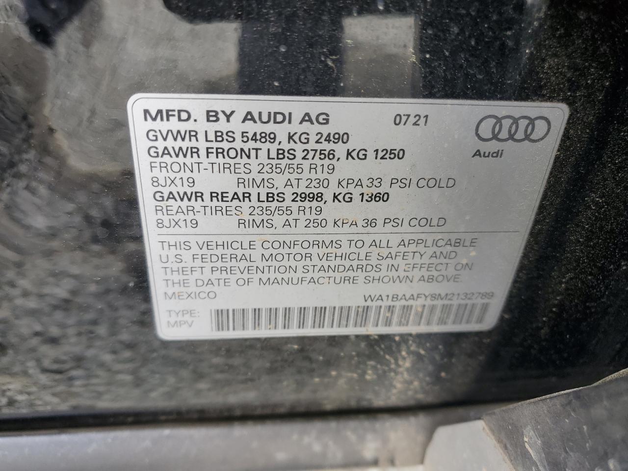 WA1BAAFY8M2132789 2021 Audi Q5 Premium Plus