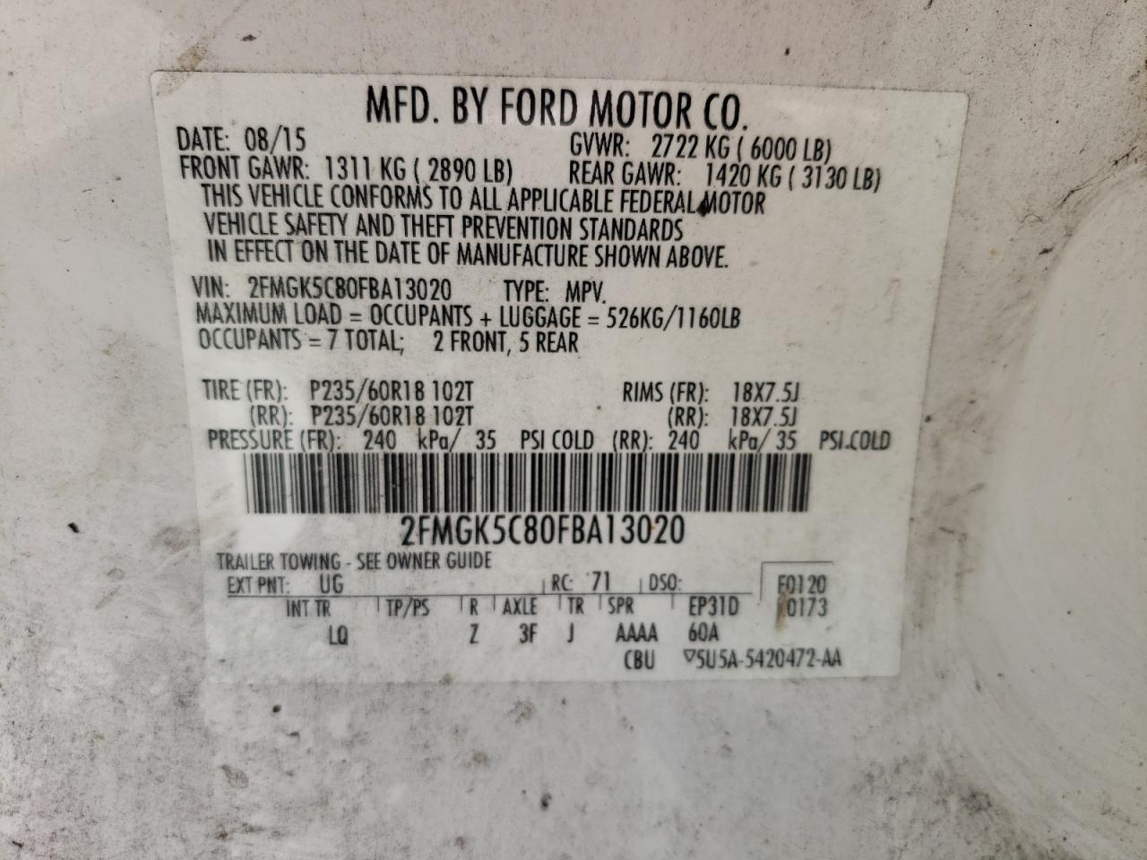 2FMGK5C80FBA13020 2015 Ford Flex Sel