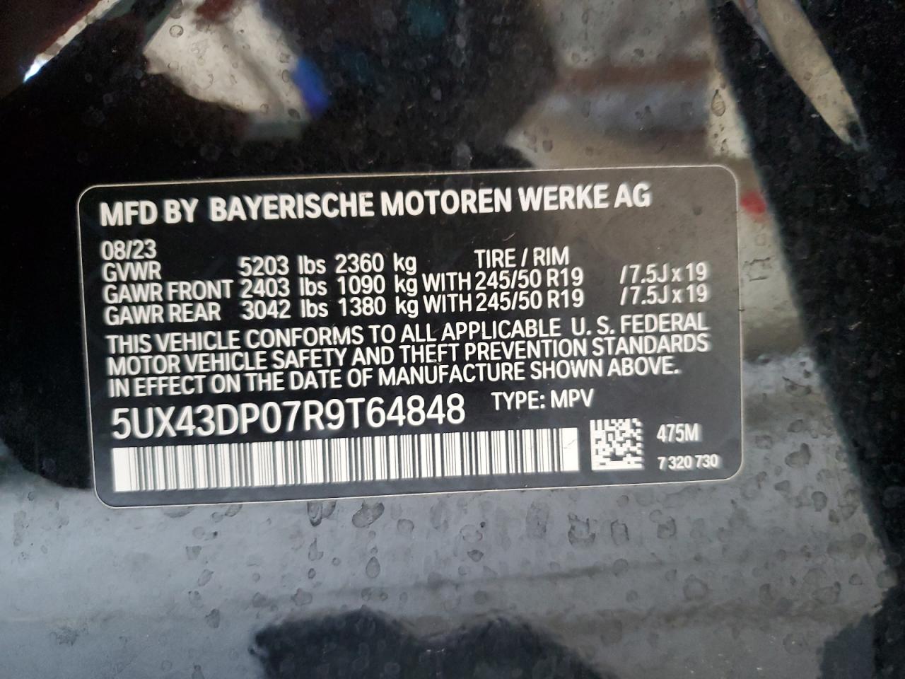 5UX43DP07R9T64848 2024 BMW X3 Sdrive30I