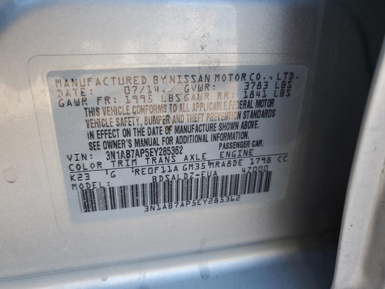 3N1AB7AP5EY285362 2014 Nissan Sentra S