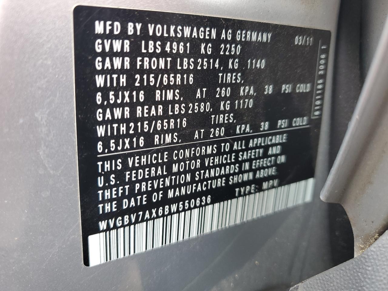 WVGBV7AX6BW550636 2011 Volkswagen Tiguan S